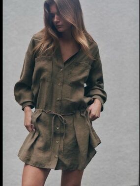 Zara NWT ❗️Linen Shirt Dress Long Sleeve, Khaki Green, Button Front REF 8606/114